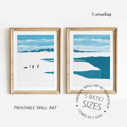 Penguins On Antarctica Glacier - Two Landscape Posters | Digital Illustration | Ready to Print Wall Art