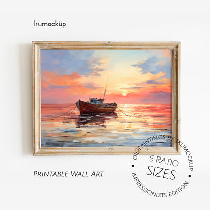 Boat In The Sea - Impressionism Collection - Digital Oil Painting | Printable Wall Art