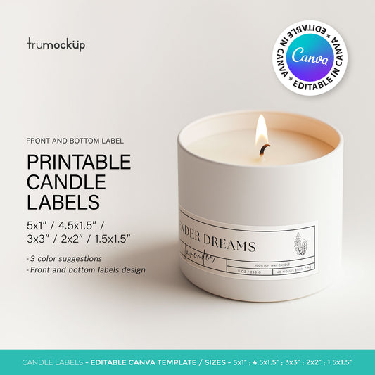 Printable Candle Labels - vol.3 - Front + Bottom Safety Label - Editable Canva Templates