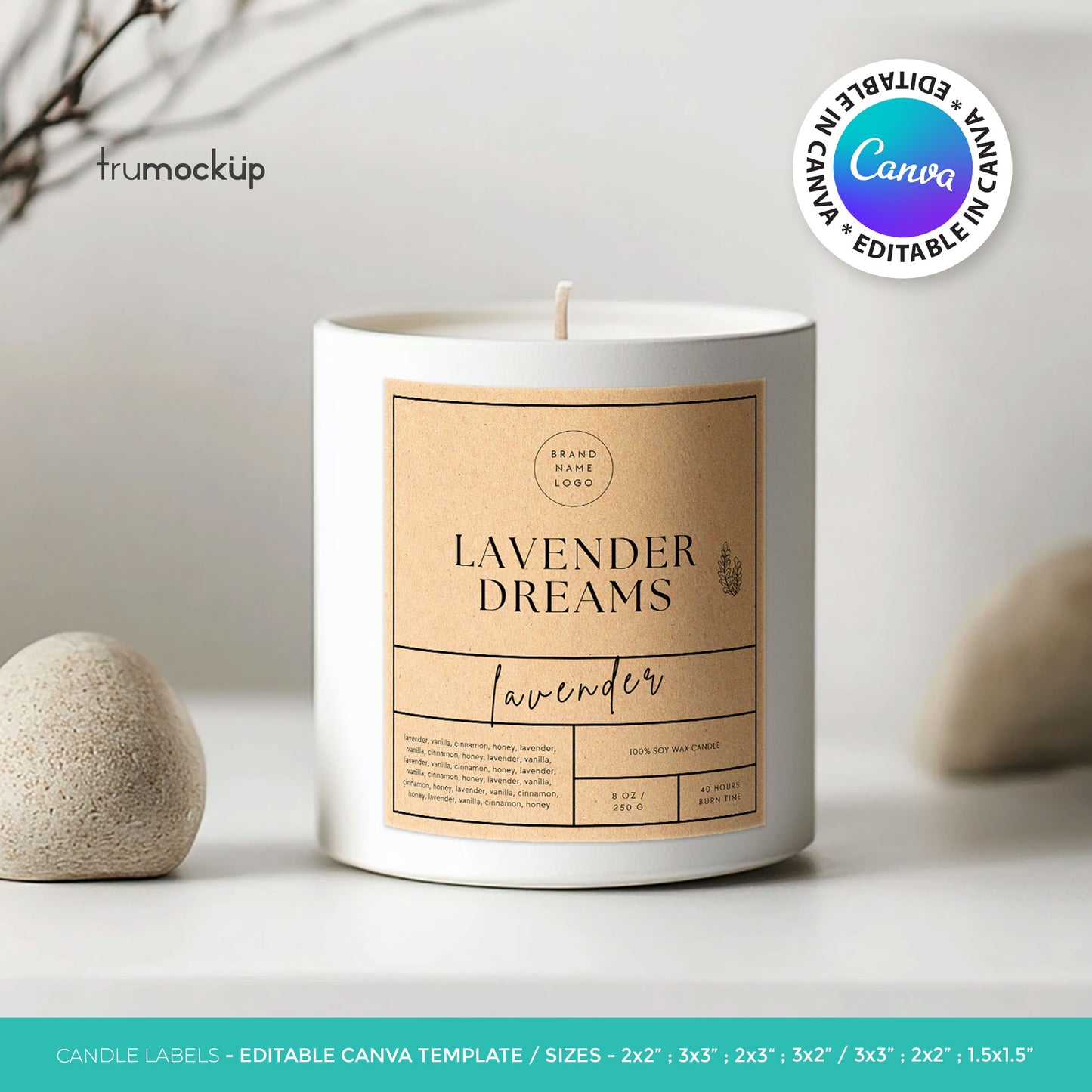 Printable Candle Labels - vol.4 - Front + Bottom Safety Label - Editable Canva Templates