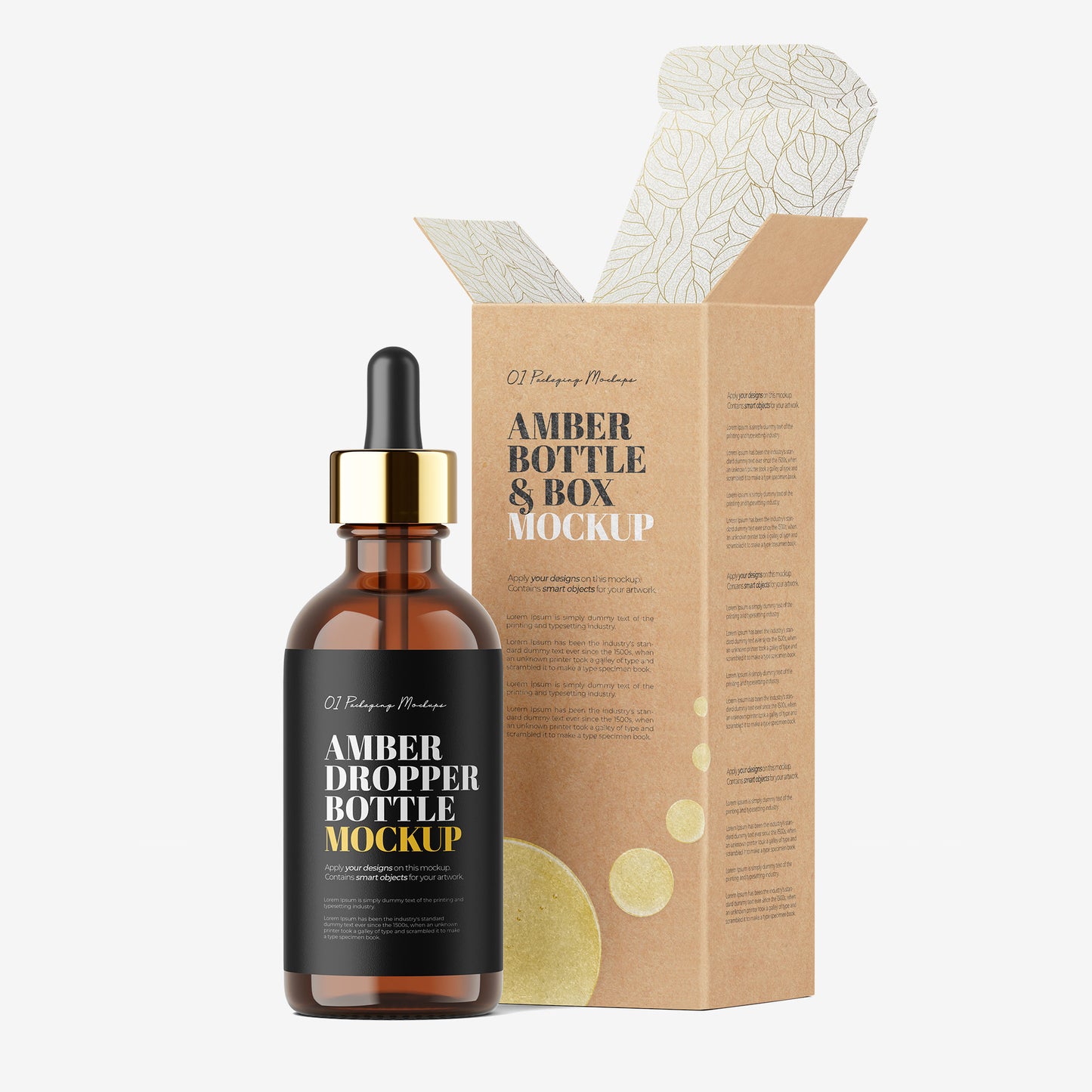 Amber Dropper Bottle & Open Cardboard Box - Editable Lid