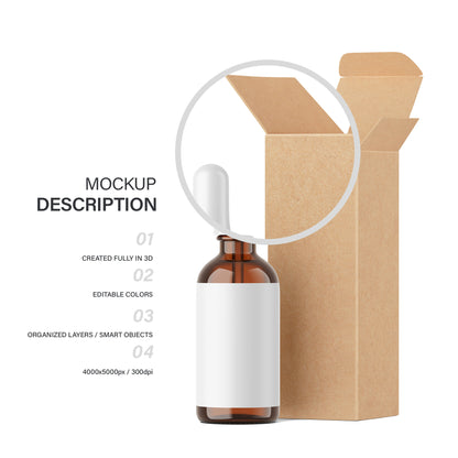 Amber Dropper Bottle & Open Cardboard Box - Editable Lid