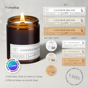 Printable Candle Labels - vol.3 - Front + Bottom Safety Label - Editable Canva Templates