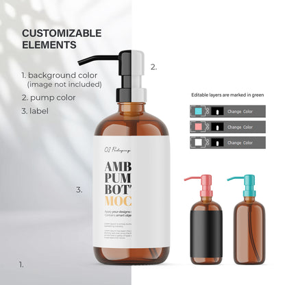 Amber Pump Bottle - Soap Bottle - Editable Lid