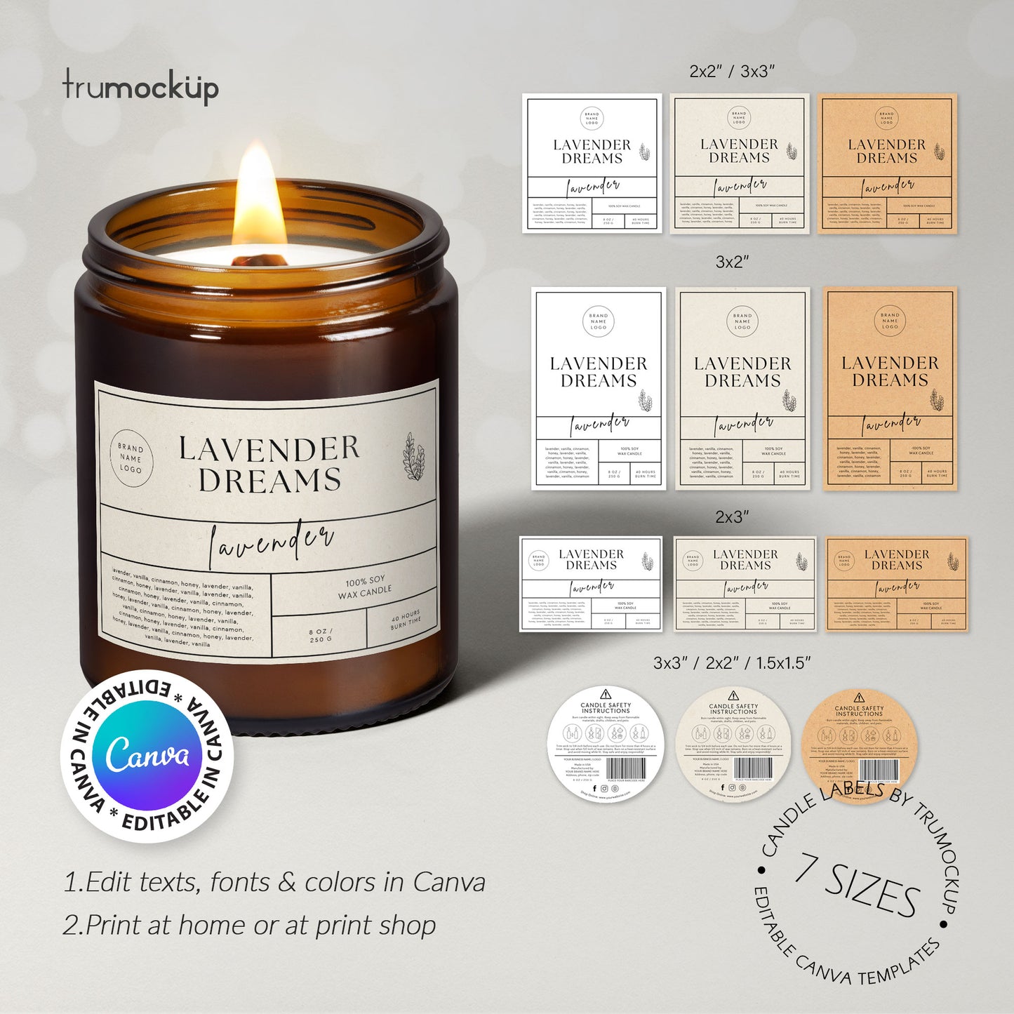 Printable Candle Labels - vol.4 - Front + Bottom Safety Label - Editable Canva Templates