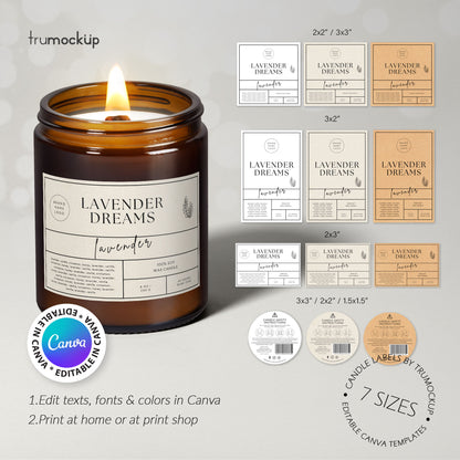 Printable Candle Labels - vol.4 - Front + Bottom Safety Label - Editable Canva Templates