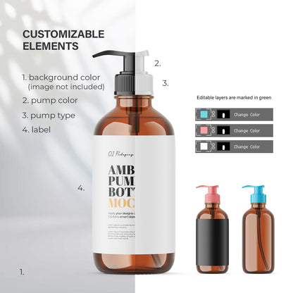 Amber Pump Bottle - Soap Bottle - Editable Lid