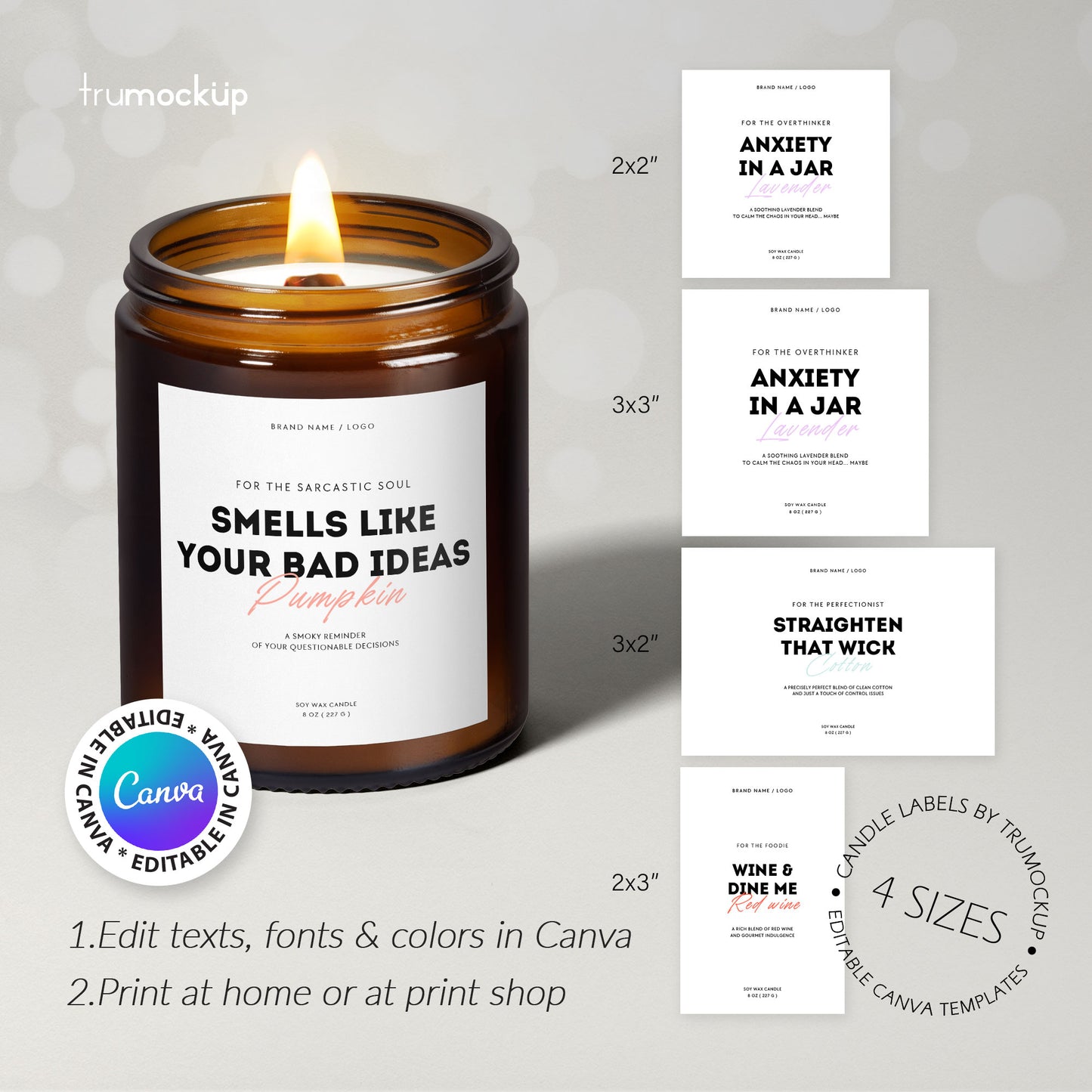 Printable Candle Labels - Funny Candle Names - vol.1 - Editable Canva Templates