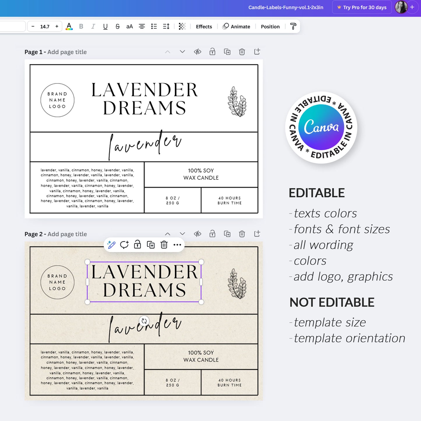 Printable Candle Labels - vol.4 - Front + Bottom Safety Label - Editable Canva Templates