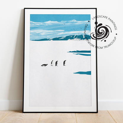 Penguins On Antarctica Glacier - Two Landscape Posters | Digital Illustration | Ready to Print Wall Art