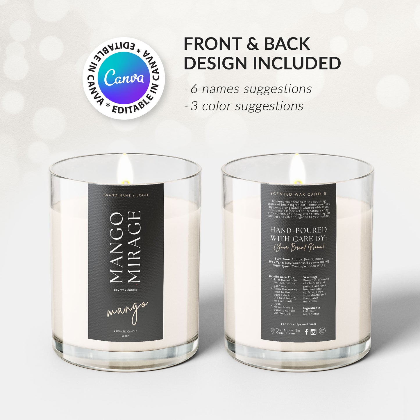 Printable Candle Labels - vol.2 - Editable Canva Templates