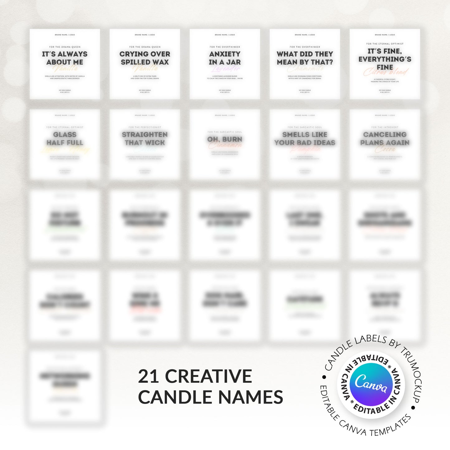 Printable Candle Labels - Funny Candle Names - vol.1 - Editable Canva Templates