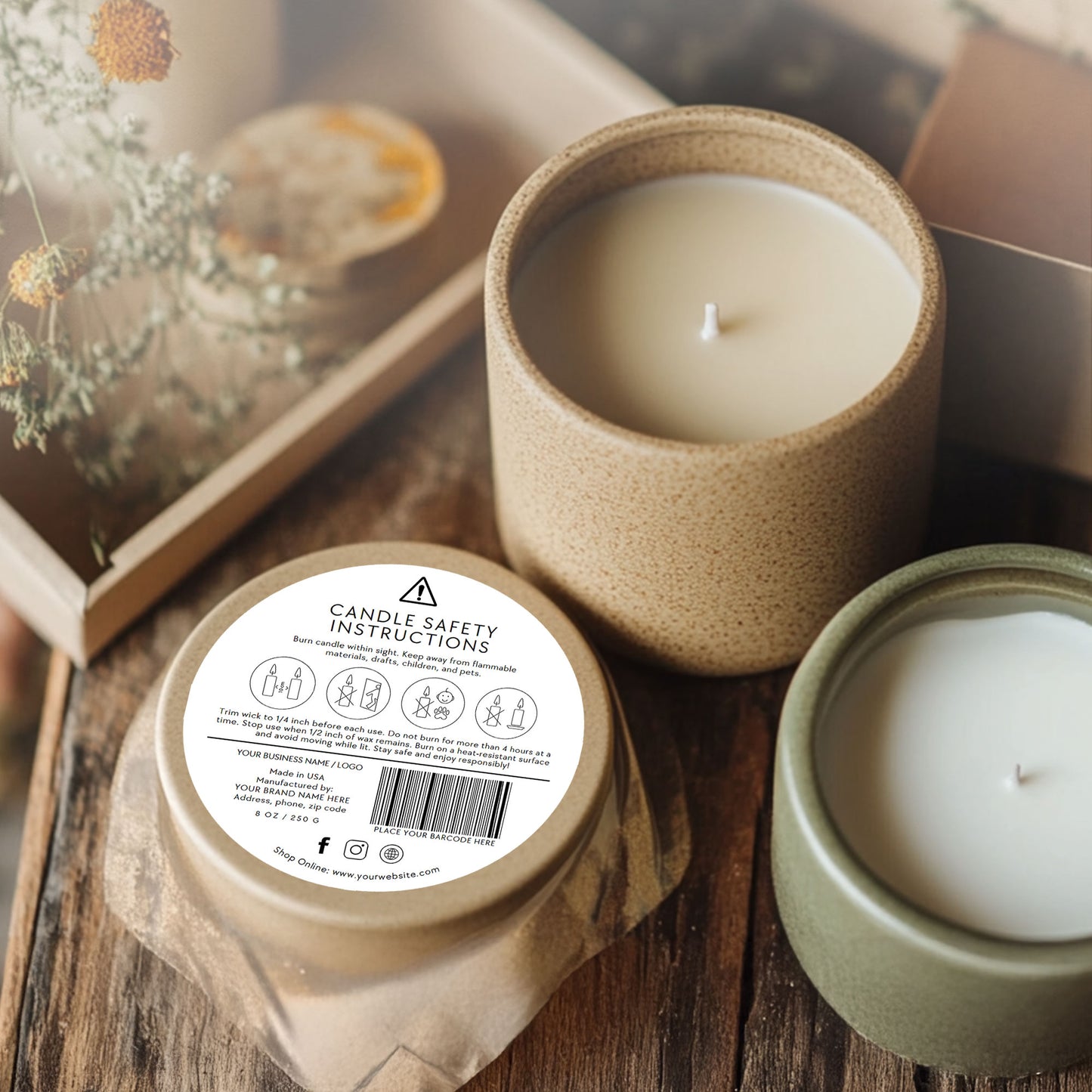 Printable Candle Labels - vol.3 - Front + Bottom Safety Label - Editable Canva Templates