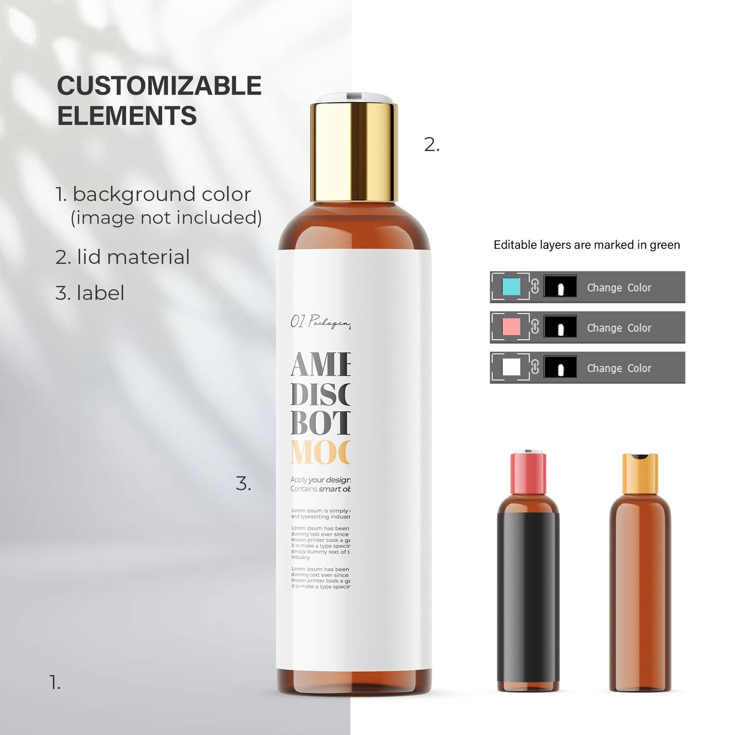 Digital Amber Disc/Press Top Bottle With Editable Lid - Cosmetic Mockup - PSD / PNG / JPG