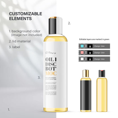 Digital Disc/Press Top Bottle With Oil & Editable Lid - Cosmetic Mockup - PSD / PNG / JPG