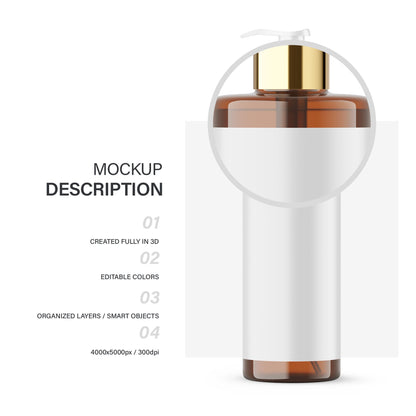 Digital Amber Pump Bottle With Expanded Label - Cosmetic Mockup - PSD / PNG / JPG