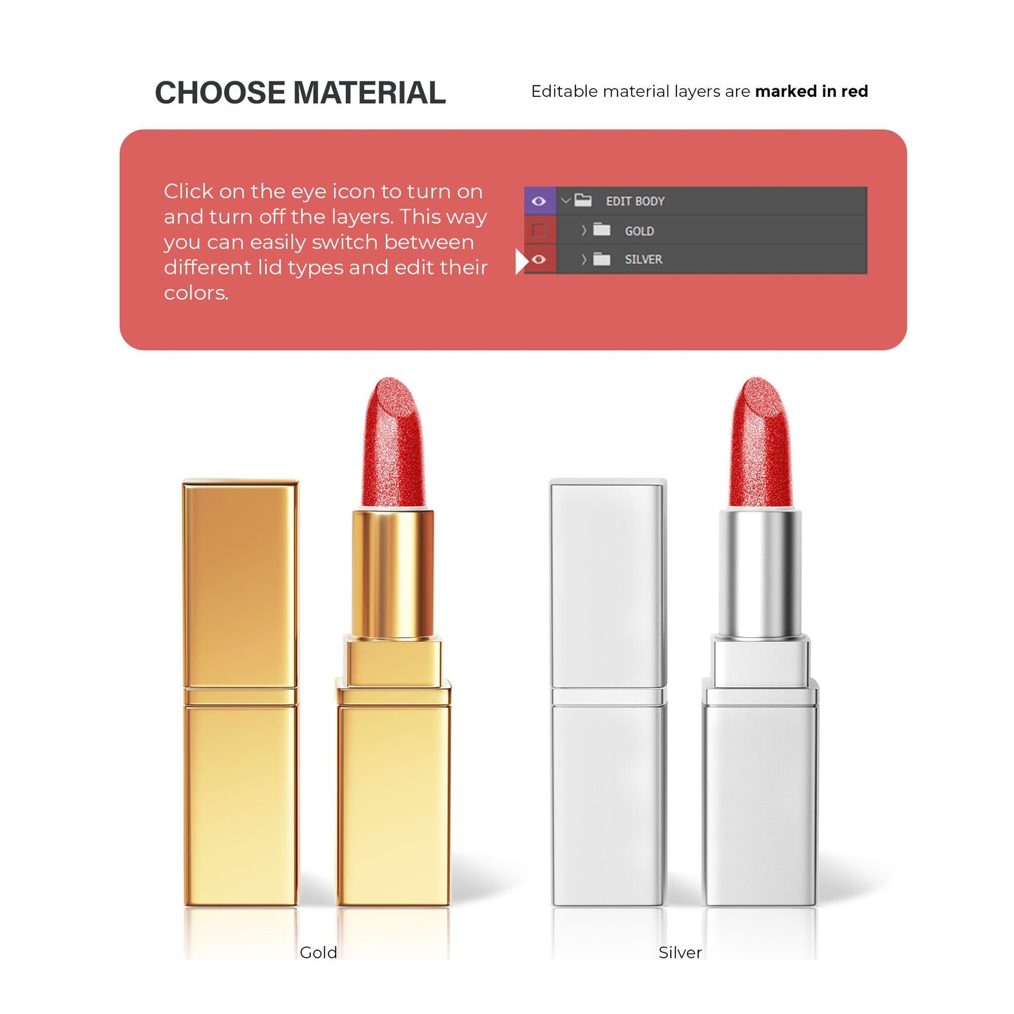 Digital Gold + Silver Lipstick - Cosmetic Mockup - PSD / PNG / JPG