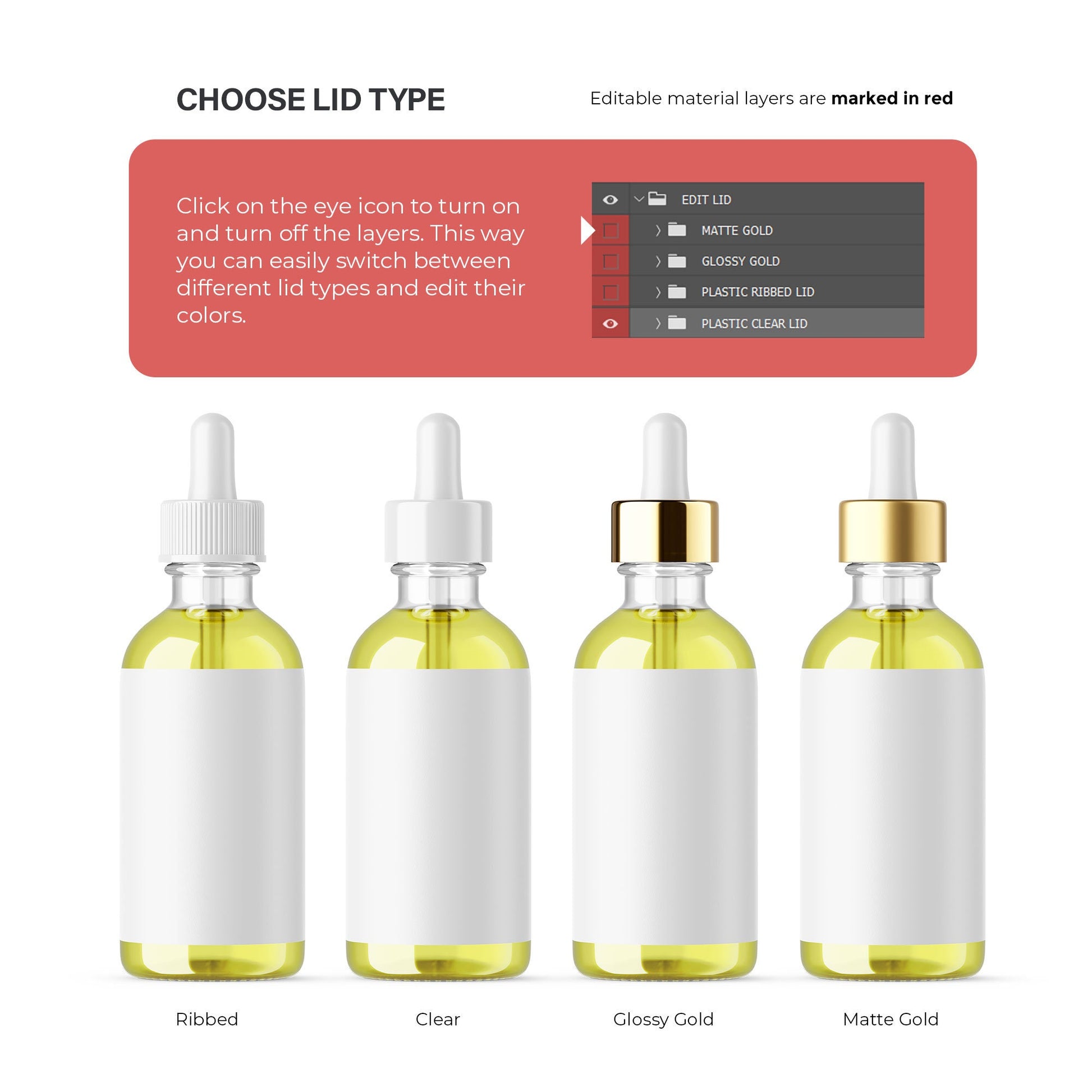 Digital Oil in Dropper Bottle - Editable Lid&Liquid - Cosmetic Mockup - PSD / PNG / JPG