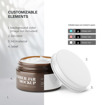 Digital Frosted Amber Glass Jar - 2OZ With Metal Lid - Cosmetic Mockup - PSD / PNG / JPG