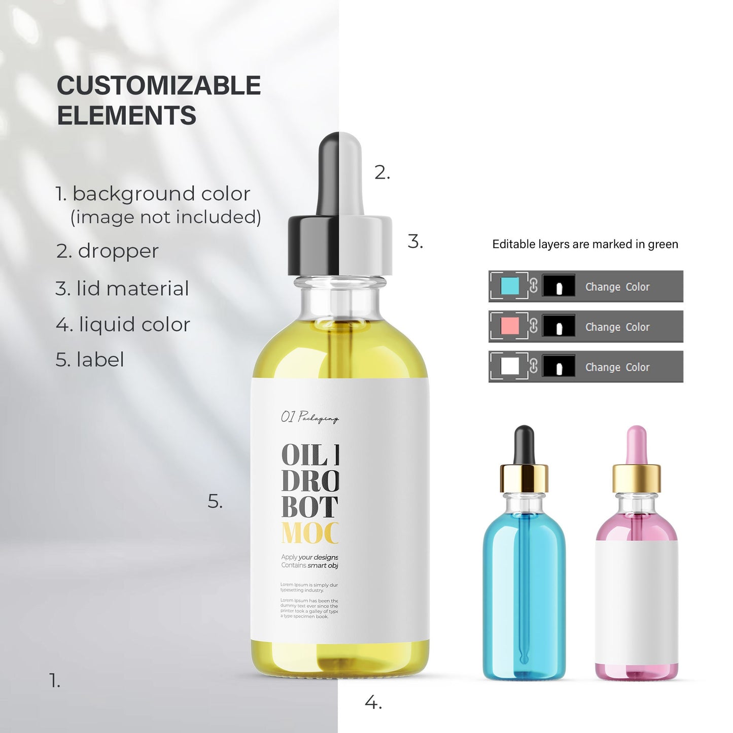 Digital Oil in Dropper Bottle - Editable Lid&Liquid - Cosmetic Mockup - PSD / PNG / JPG