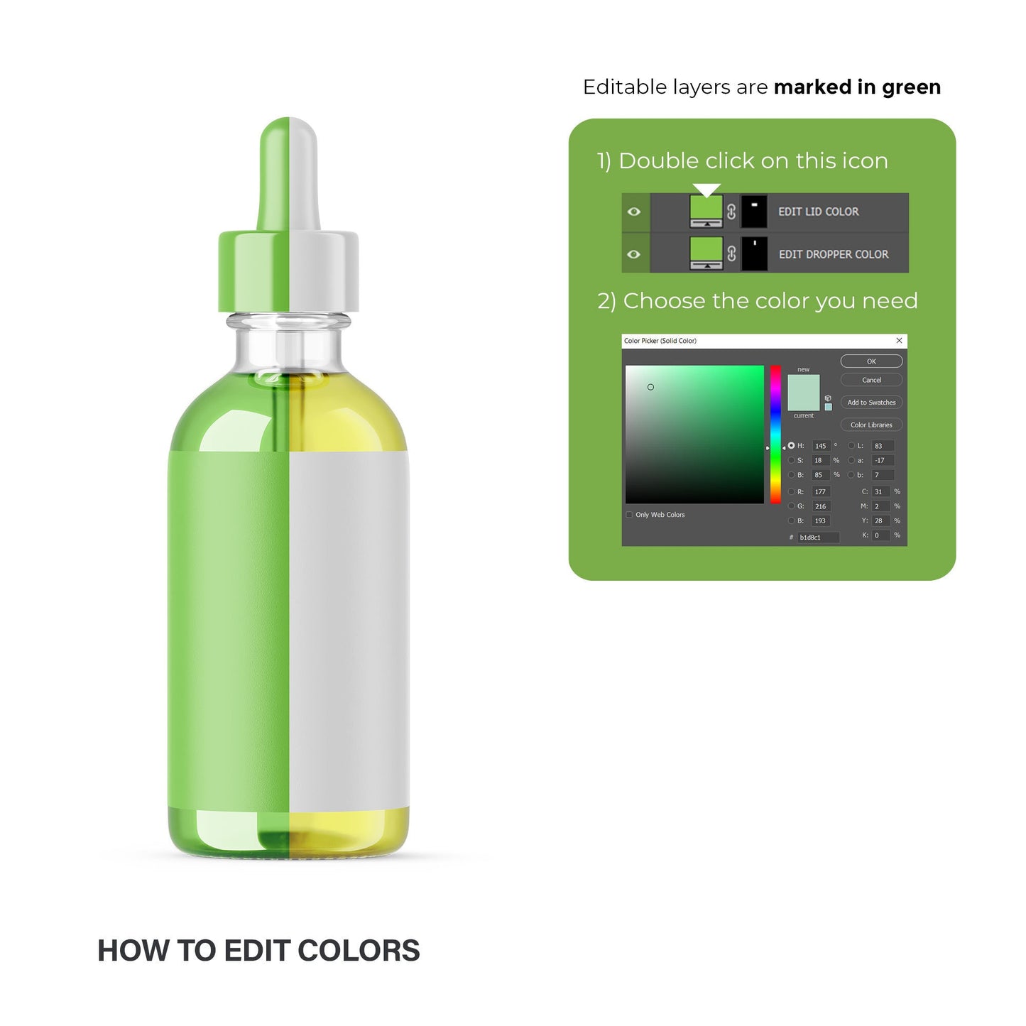 Digital Oil in Dropper Bottle - Editable Lid&Liquid - Cosmetic Mockup - PSD / PNG / JPG