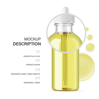 Digital Oil in Dropper Bottle With Serum Bubbles - Editable Lid&Liquid - Cosmetic Mockup - PSD / PNG / JPG