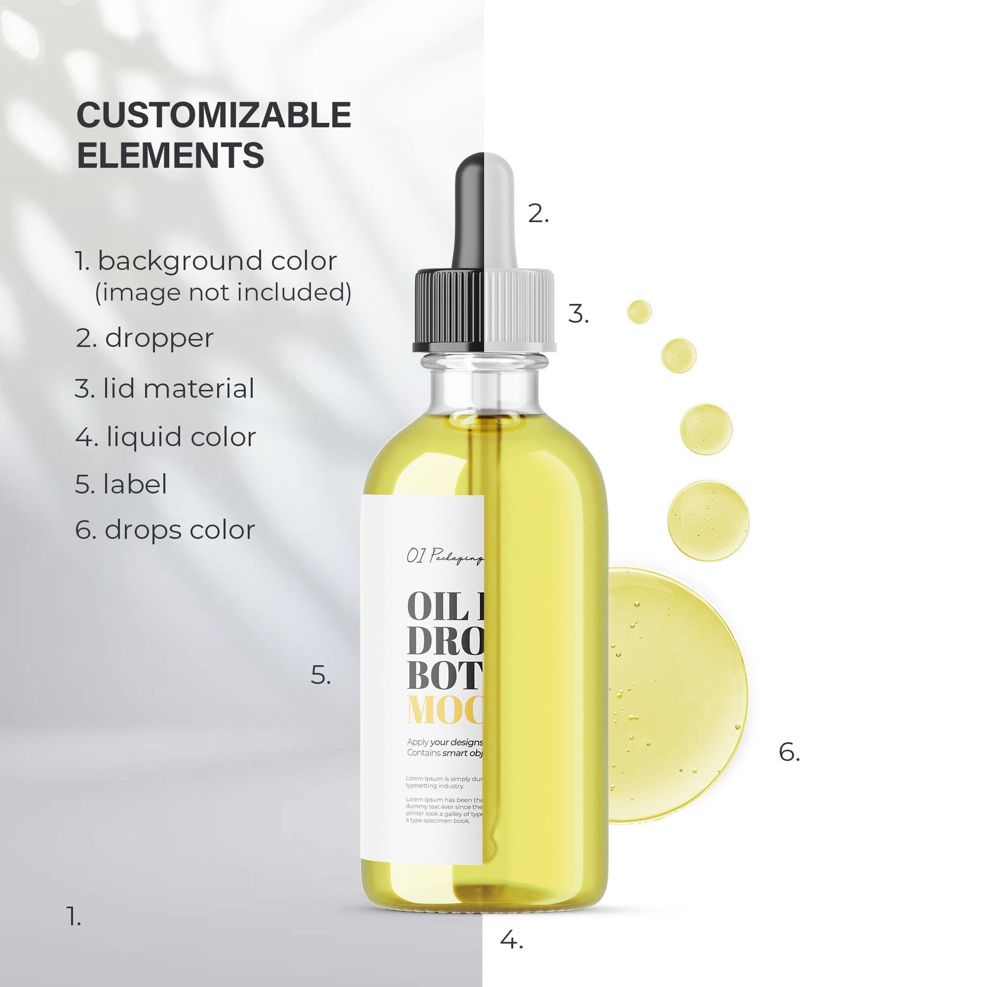 Digital Oil in Dropper Bottle With Serum Bubbles - Editable Lid&Liquid - Cosmetic Mockup - PSD / PNG / JPG