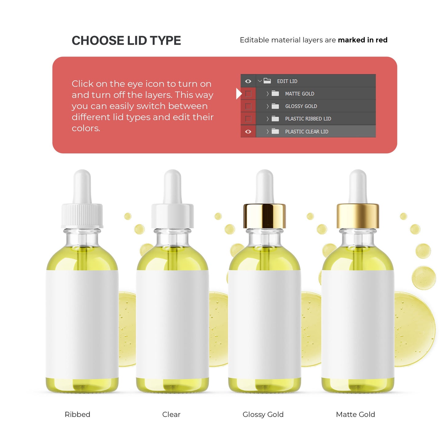 Digital Oil in Dropper Bottle With Serum Bubbles - Editable Lid&Liquid - Cosmetic Mockup - PSD / PNG / JPG