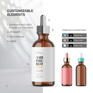 Digital Amber Glass Dropper Bottle - Editable Lid - Cosmetic Mockup - PSD / PNG / JPG