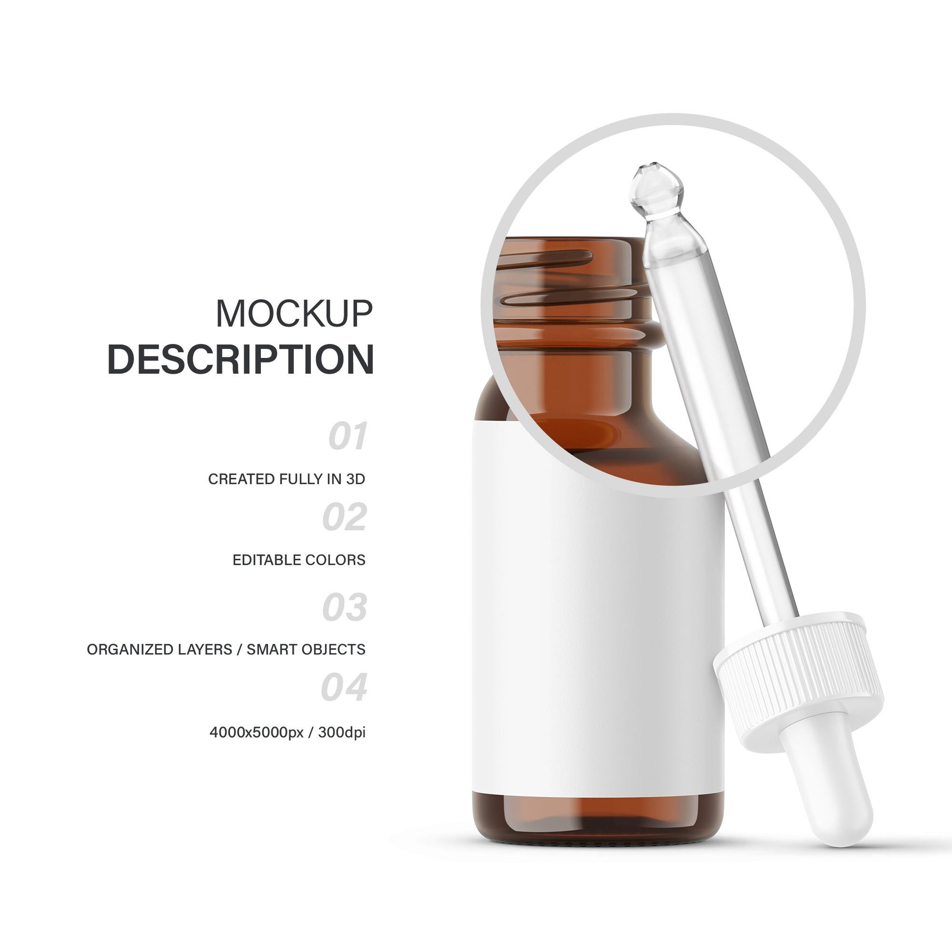 Digital Amber Glass Dropper Bottle With Serum Bubbles - Editable Lid - Cosmetic Mockup - PSD / PNG / JPG