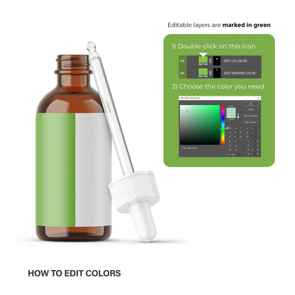 Digital Amber Glass Dropper Bottle With Serum Bubbles - Editable Lid - Cosmetic Mockup - PSD / PNG / JPG