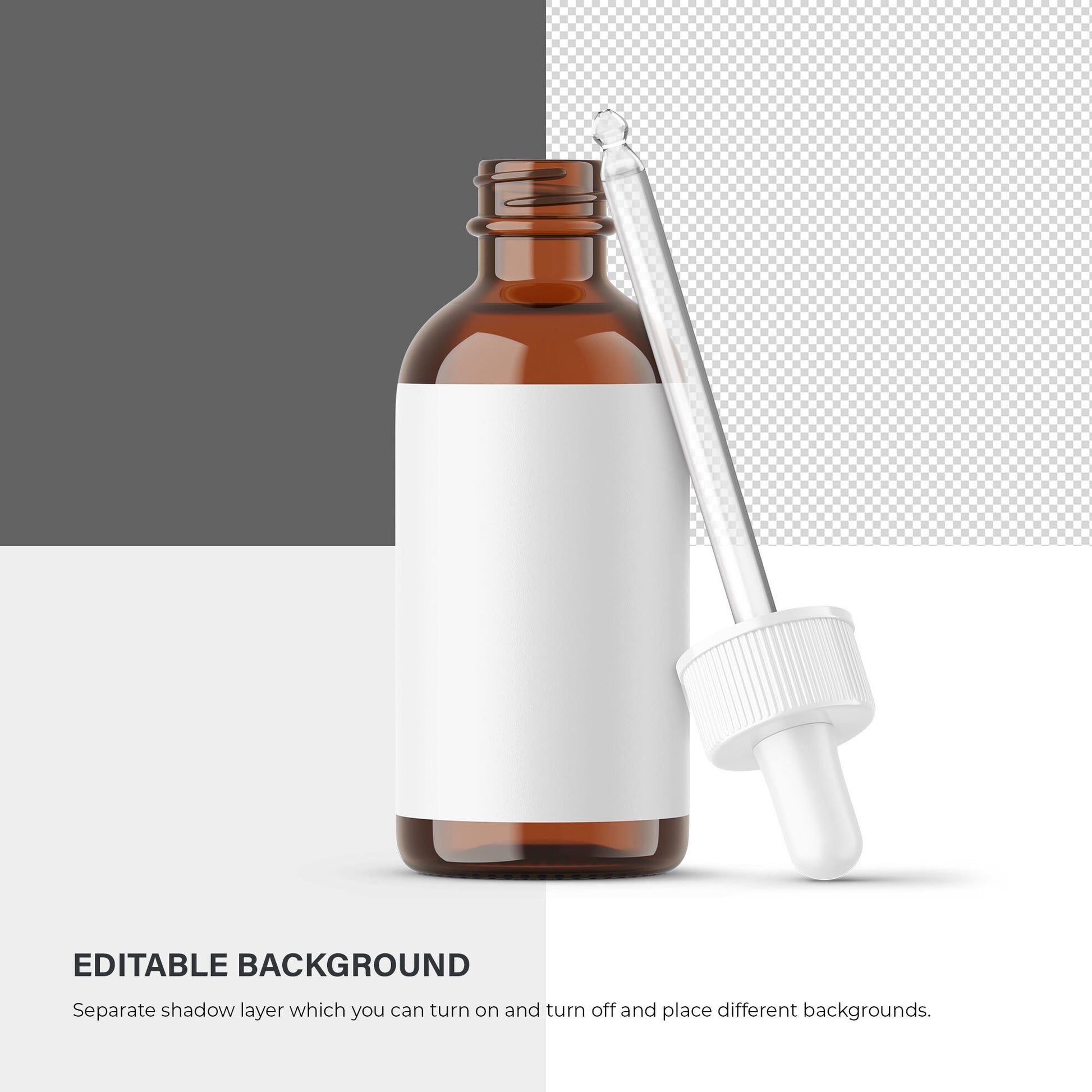 Digital Amber Glass Dropper Bottle With Serum Bubbles - Editable Lid - Cosmetic Mockup - PSD / PNG / JPG