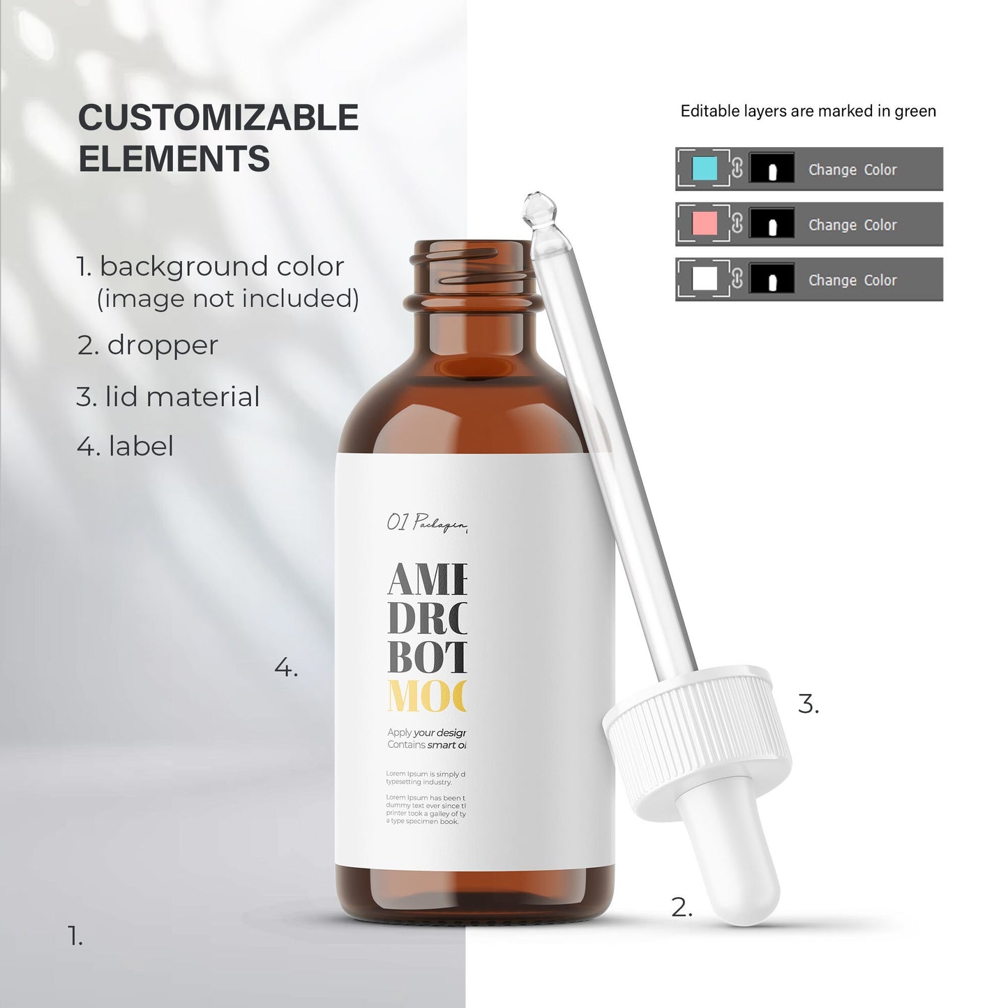 Digital Amber Glass Dropper Bottle With Serum Bubbles - Editable Lid - Cosmetic Mockup - PSD / PNG / JPG