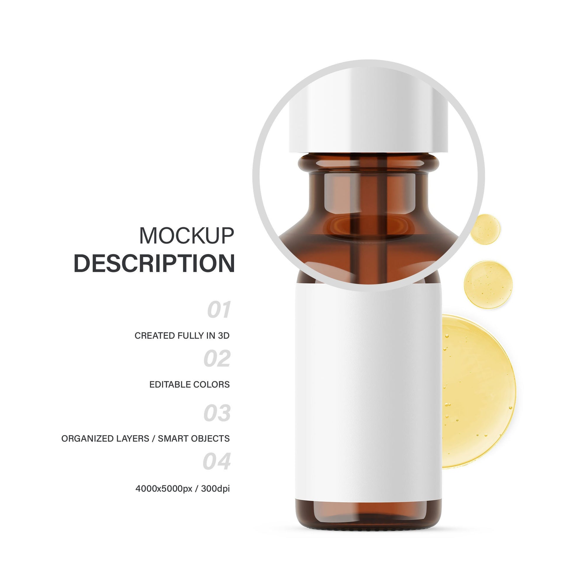 Digital Amber Glass Dropper Bottle With Serum Bubles - Editable Lid - Cosmetic Mockup - PSD / PNG / JPG