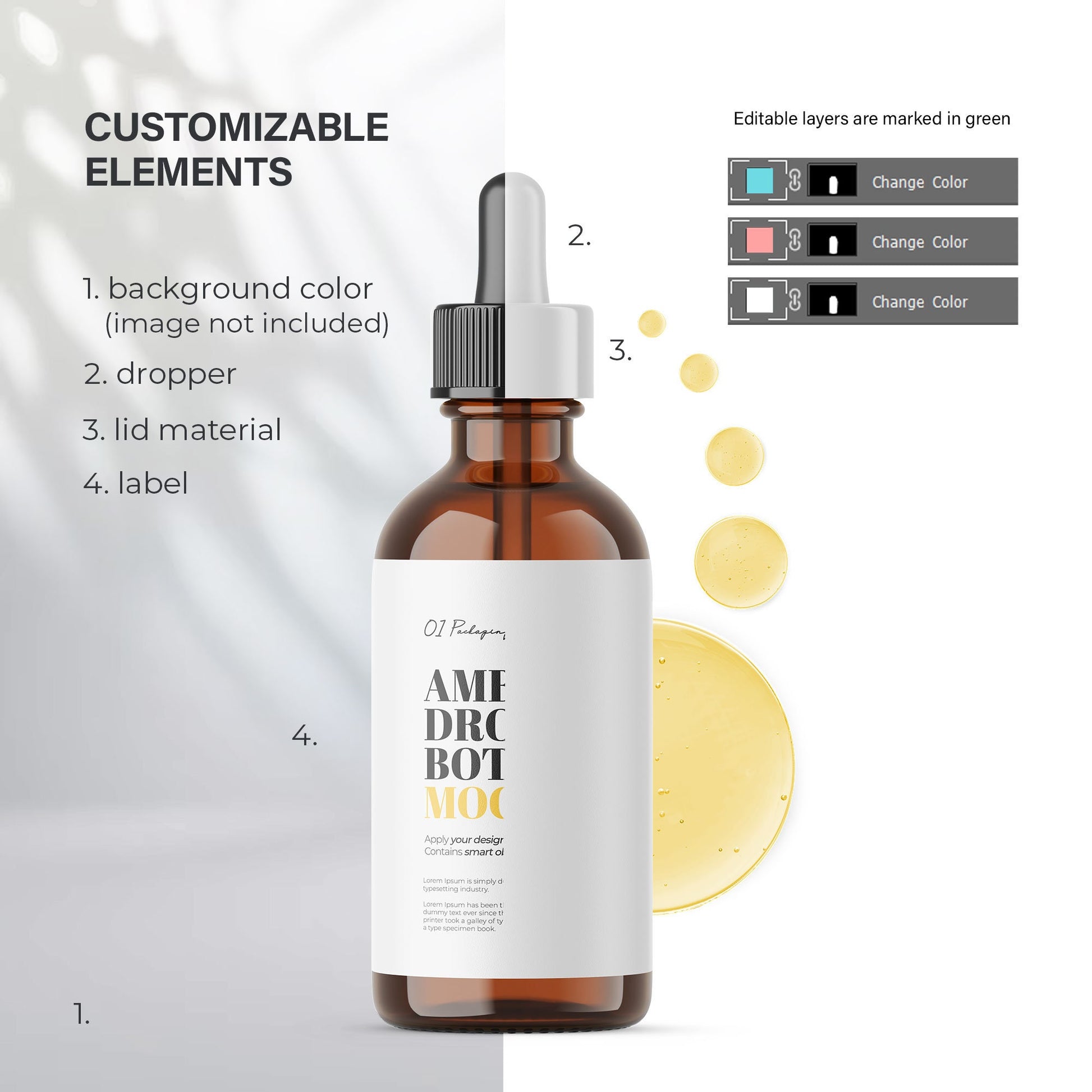 Digital Amber Glass Dropper Bottle With Serum Bubles - Editable Lid - Cosmetic Mockup - PSD / PNG / JPG