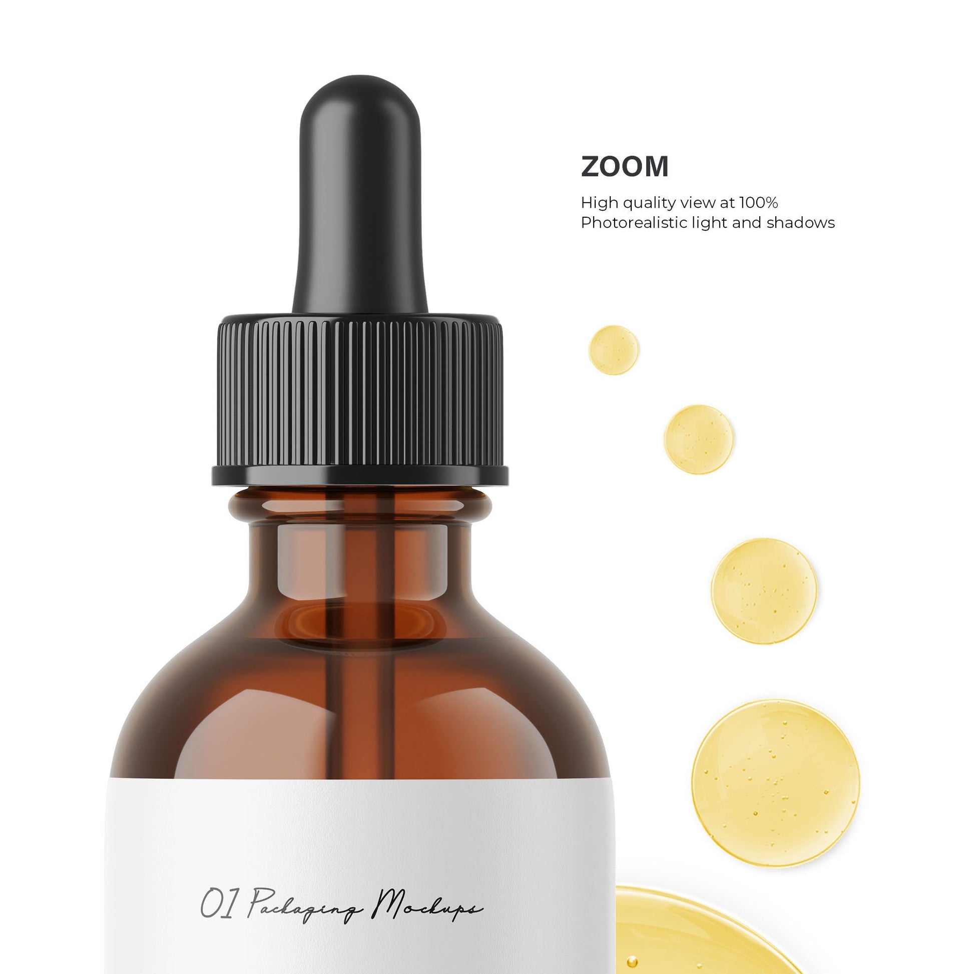 Digital Amber Glass Dropper Bottle With Serum Bubles - Editable Lid - Cosmetic Mockup - PSD / PNG / JPG