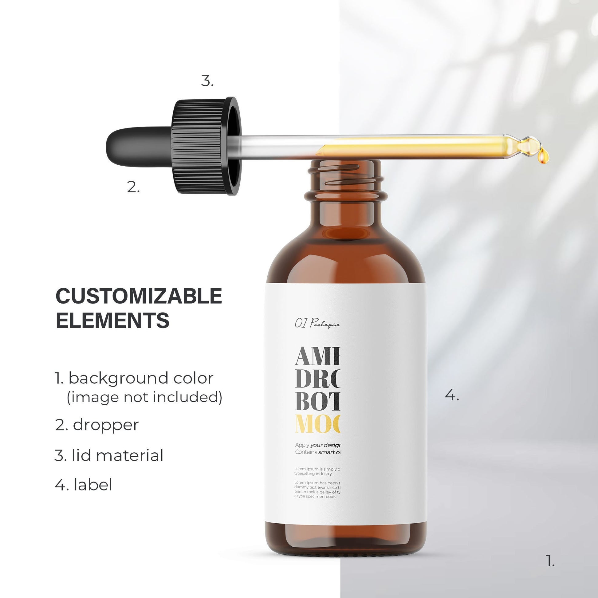 Digital Amber Glass Dropper Bottle - Editable Lid - Cosmetic Mockup - PSD / PNG / JPG