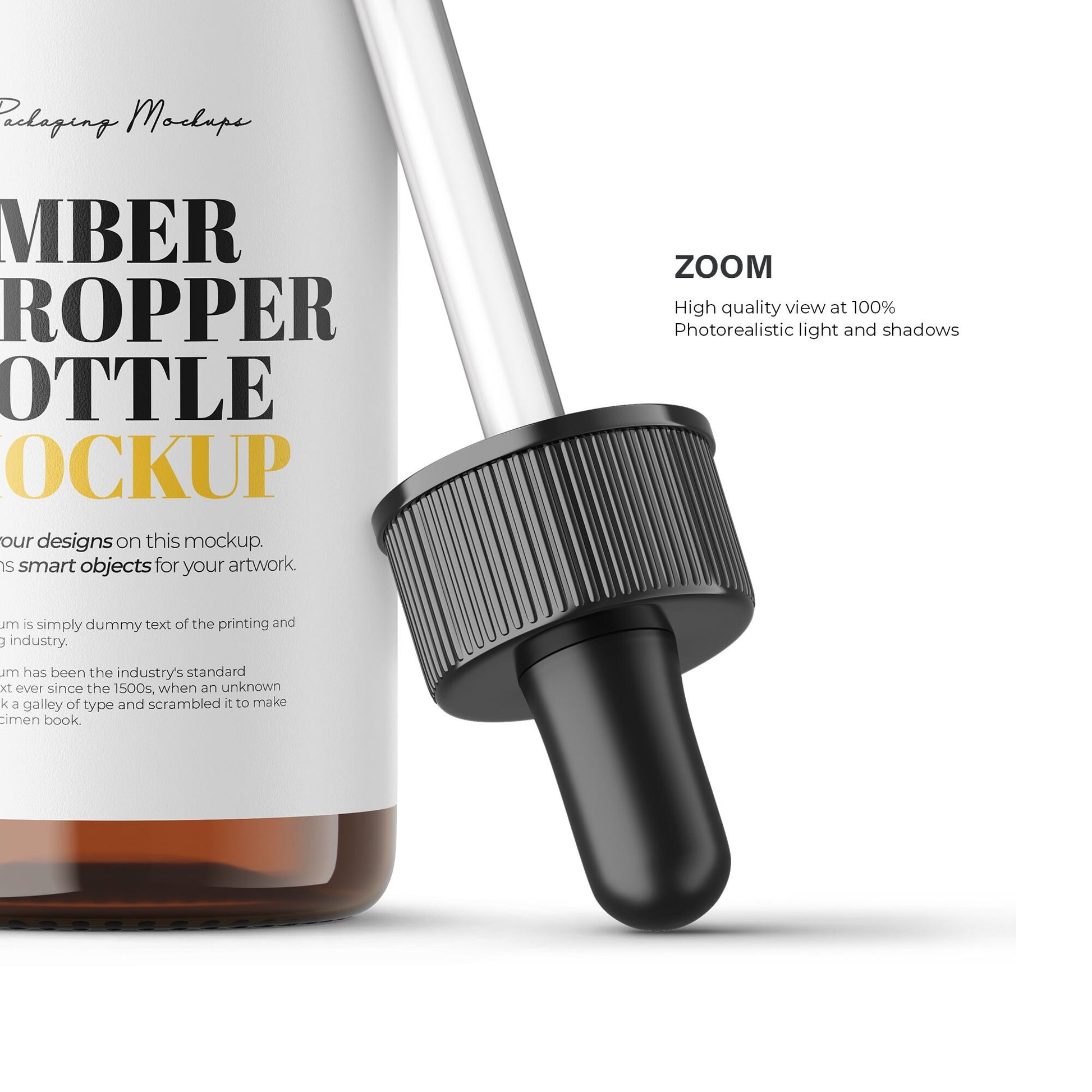 Digital Amber Glass Dropper Bottle With Serum Bubbles - Editable Lid - Cosmetic Mockup - PSD / PNG / JPG