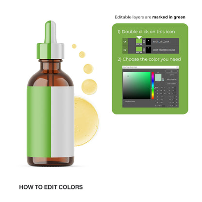 Digital Amber Glass Dropper Bottle With Serum Bubles - Editable Lid - Cosmetic Mockup - PSD / PNG / JPG