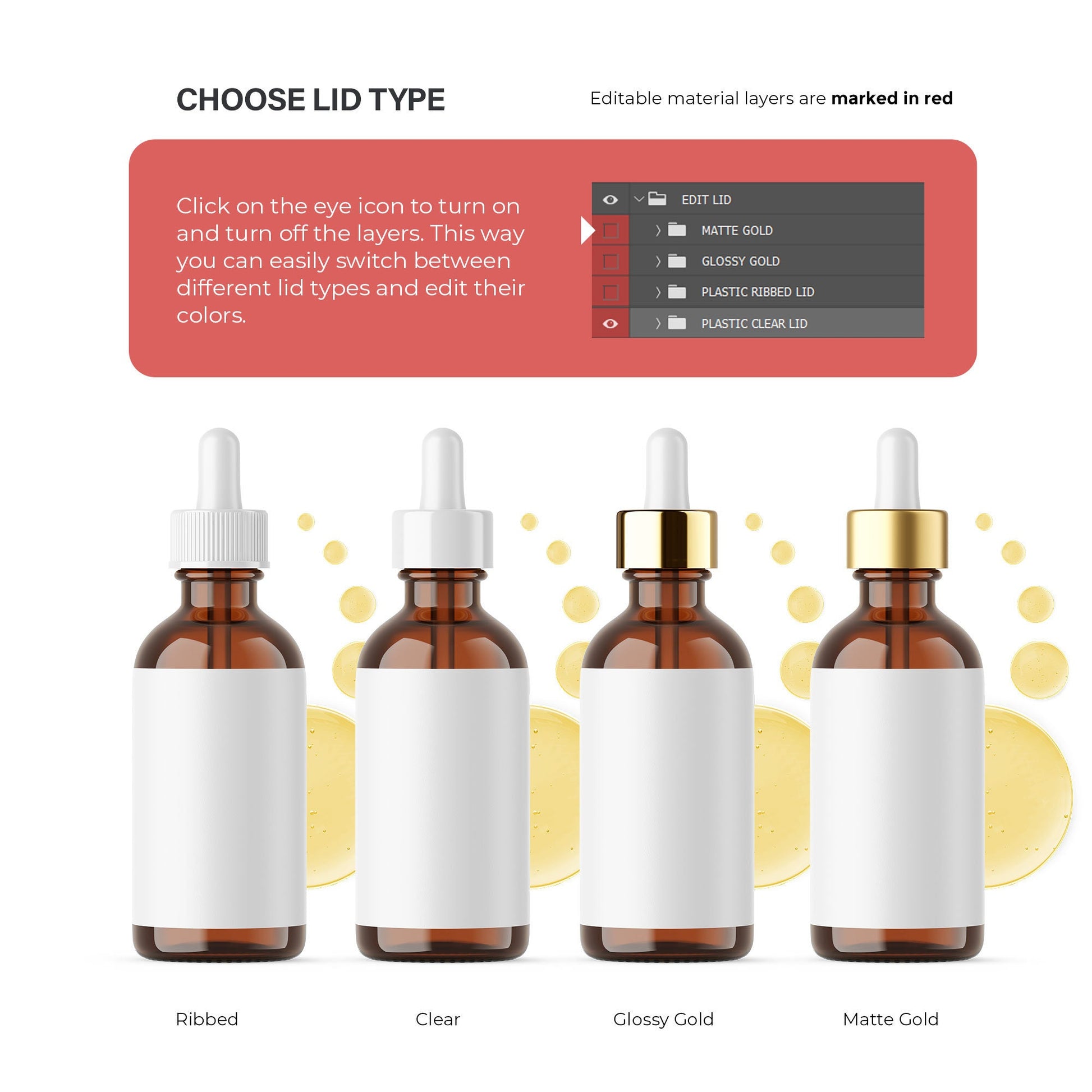 Digital Amber Glass Dropper Bottle With Serum Bubles - Editable Lid - Cosmetic Mockup - PSD / PNG / JPG