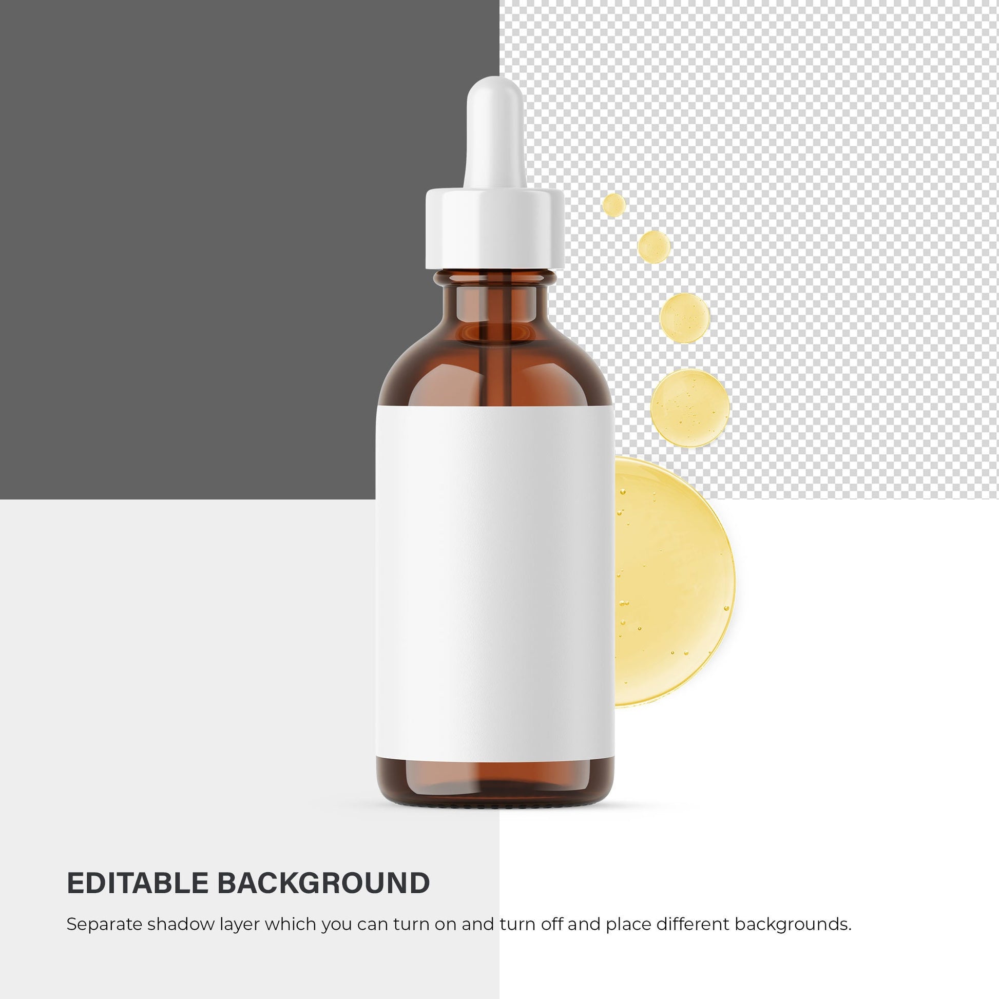 Digital Amber Glass Dropper Bottle With Serum Bubles - Editable Lid - Cosmetic Mockup - PSD / PNG / JPG