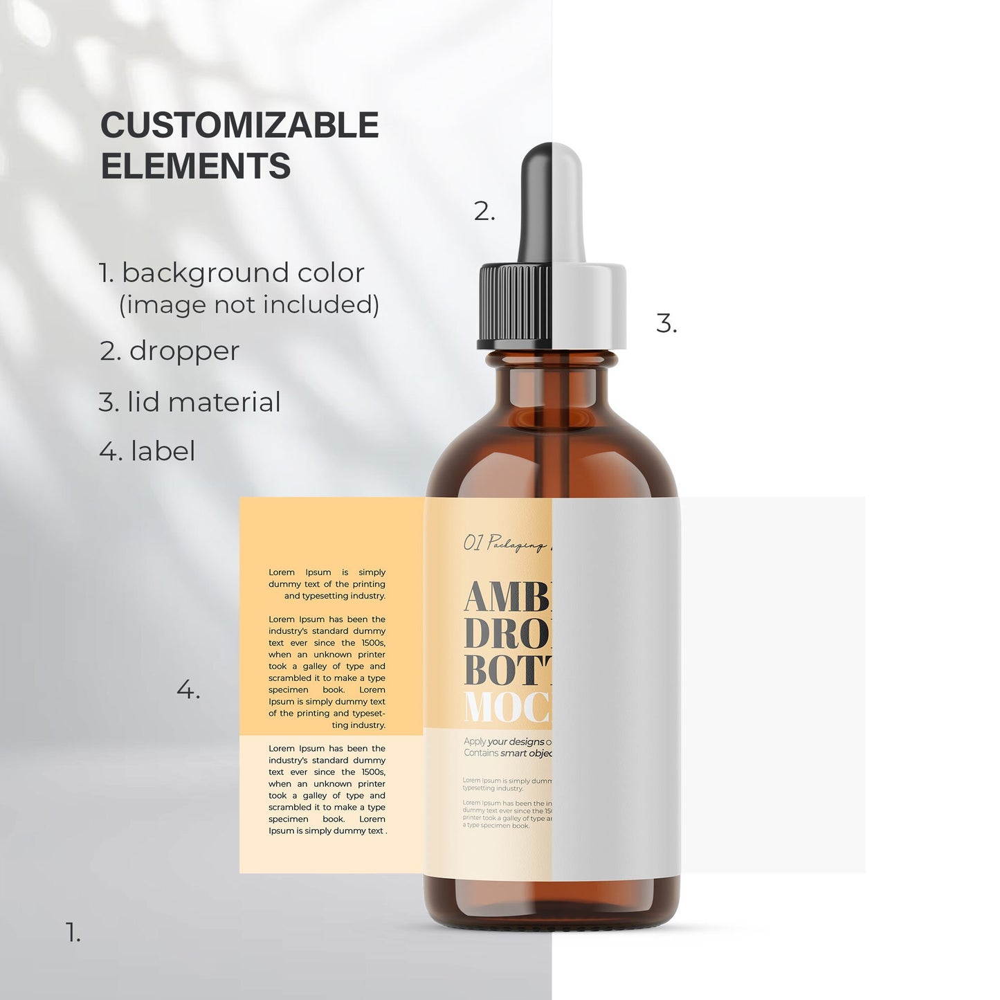 Digital Amber Glass Dropper Bottle With Expanded Label - Cosmetic Mockup - PSD / PNG / JPG